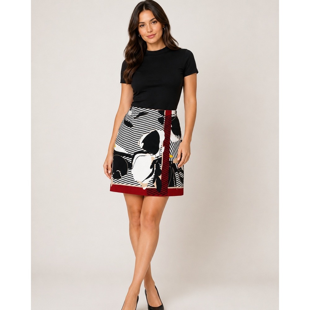 Worth New York Silk Abstract Print Skirt Womens 4 Red Black White